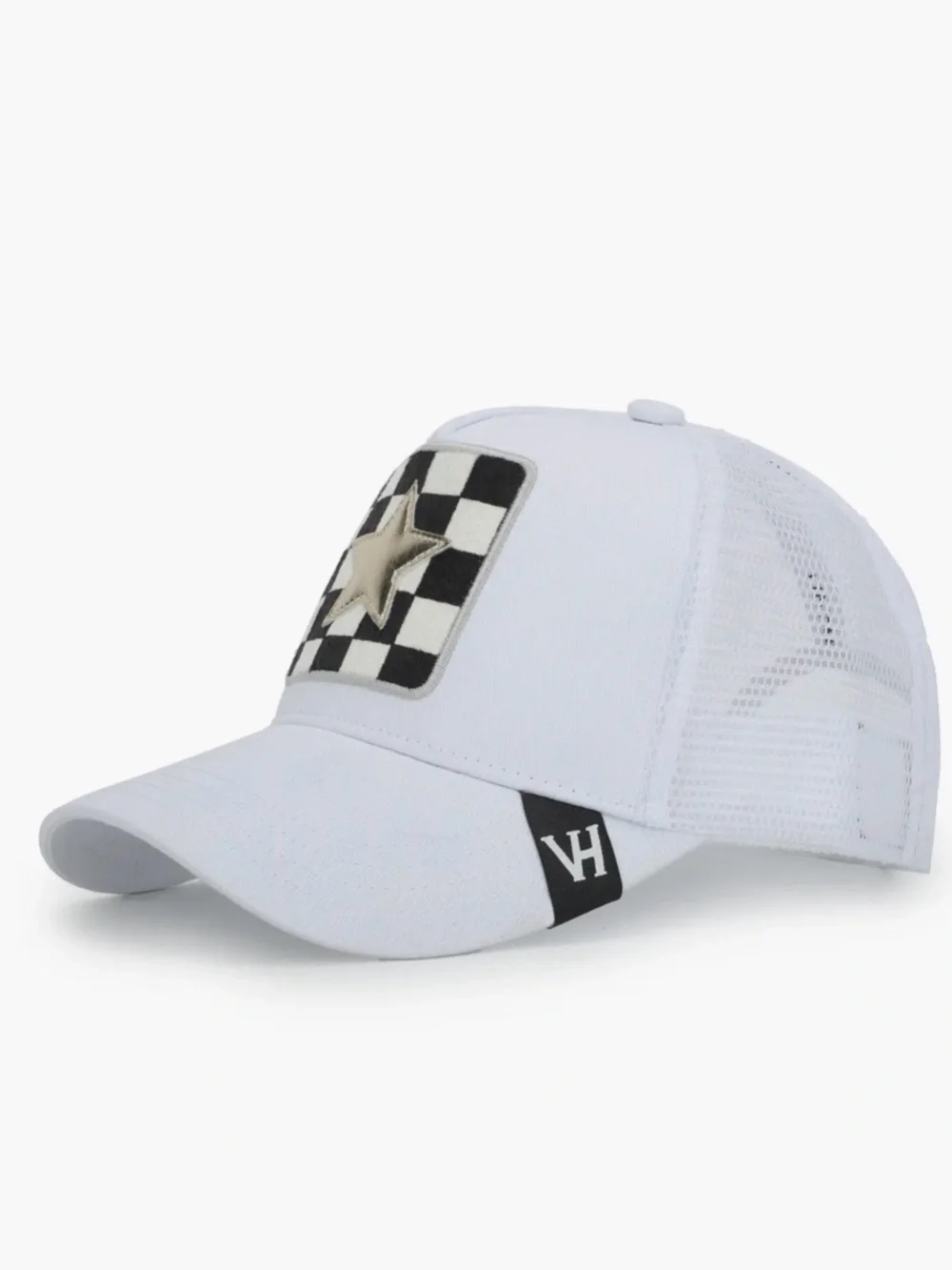 White Cap with Checker Patch and Washed Gold Star Vintage Havana Trucker Hat NWT